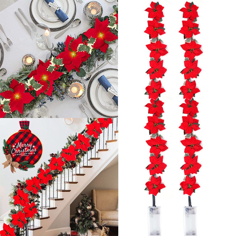 2/3m Natal Poinsétia Flor Garl - Xmas Outdoor Lighting Decorations avaliação e preço